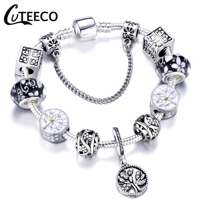 CUTEECO 925 Fashion Silver Charms Bracelet Bangle For Women Crystal Flower Fairy Bead Fit Brand Bracelets Jewelry Pulseras Mujer